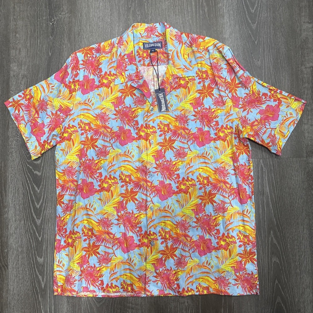 NWT Vilebrequin Short Sleeve Shirt Mens XL Floral Hawaiian Button Up 100% Linen